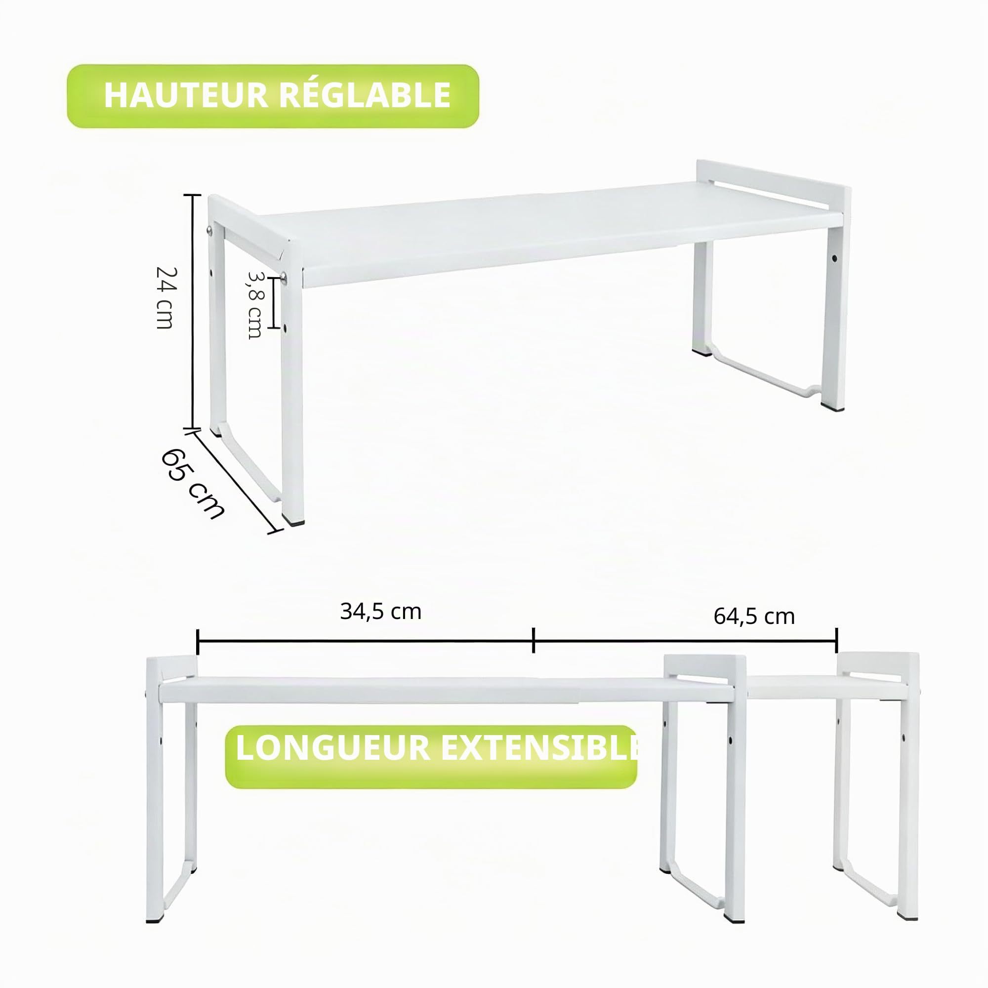 Étagère Cuisine Extensible 35-66 cm - Rangement Épices Cuisine Réglable et Empilable pour Comptoir,Réglable pour Placard,Étagère d'armoire extensible - Solution de Stockage Culinaire(1 paquet blanc L)