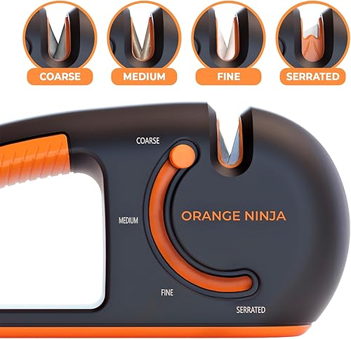 Miniatura 2 de Afilador de cuchillos naranja Ninja de 4 etapas y afilador de cuchillos serrados – repara, afila y pule cuchillas con agarre ergonómico