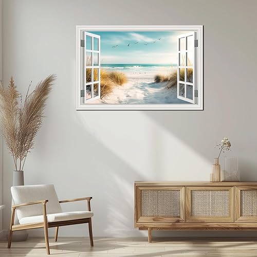 Miniatura 5 de CHUSHU ART Lienzo de playa para decoración de pared, impresiones de imágenes del océano para sala de estar, ventana blanca, camino, pintura costera,