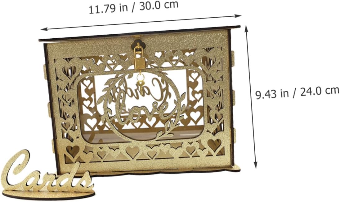 Wooden Hollow Greeting Card Box with Lock Wedding Reception Envelope Money Storage Holder for Birthday Party and Valentine’s Day Decorations
