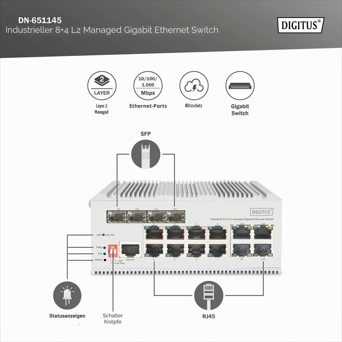 DIGITUS 8 Port Gigabit Ethernet Netzwerk Switch Industrial L2 managed 4 SFP Uplink