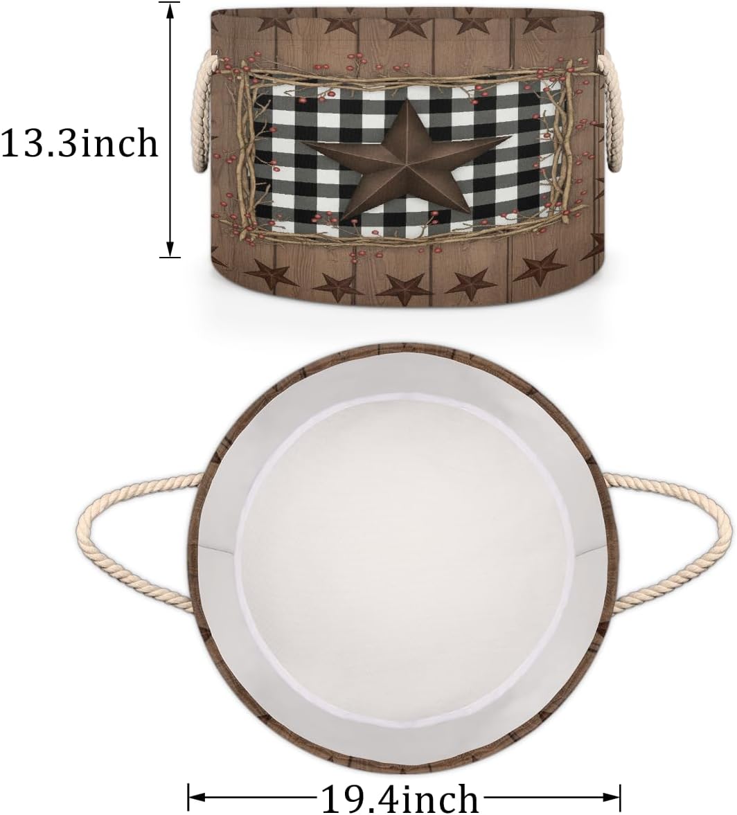 Large Storage Baskets - Rustic Star Plaid Nursery Round Collapsible Organizer Bin Box, Laundry Hamper for Kids Toys, Blanket, Bedroom Living Room Home Decor, Gift Basket, 19.4"x13.3"