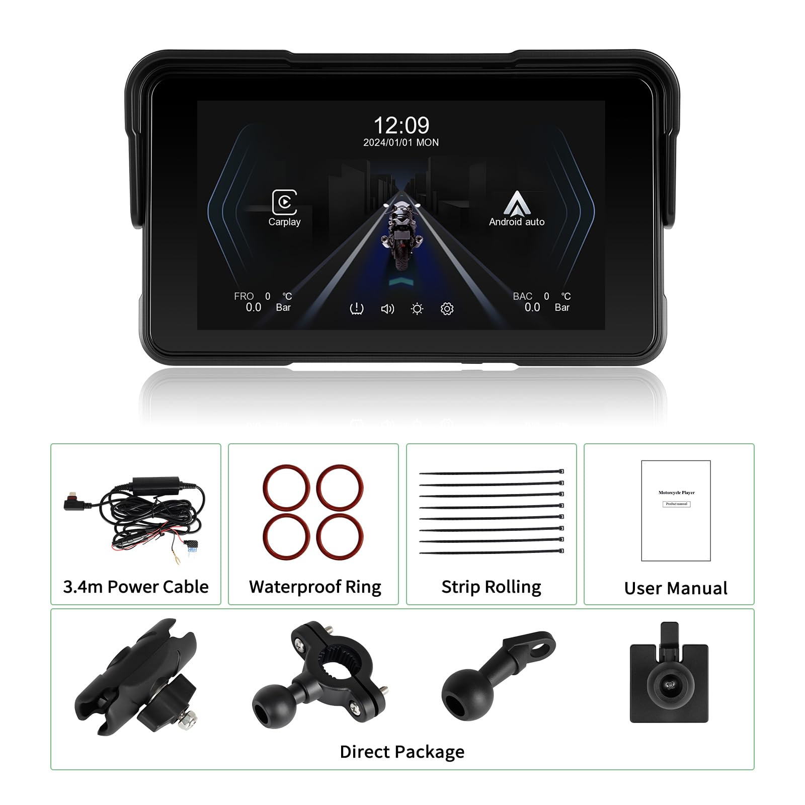 SIXTOP Écran Tactile sans Fil CarPlay et Android Auto pour Moto, 5" Écran Tactile, IP68 Étanche, Écran Portable pour Moto avec Réglage de la Luminosité, Détection de la Pression des pneus