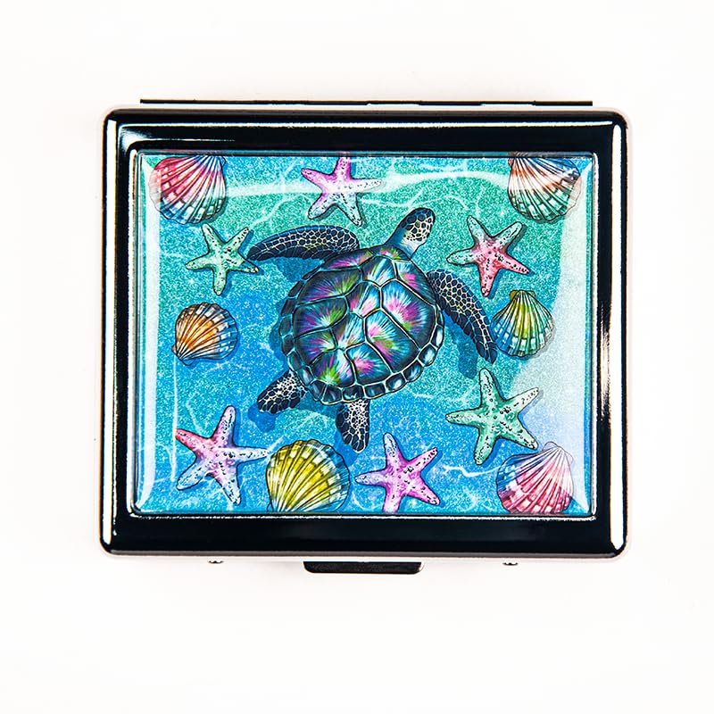 BOKAAW Turtle Seashells Starfish 7 Days Chromed Shiny Silver Pill Organizer with Mirror Inside Has 8 Separate Compartments Rectangle 7 Days Pill Box