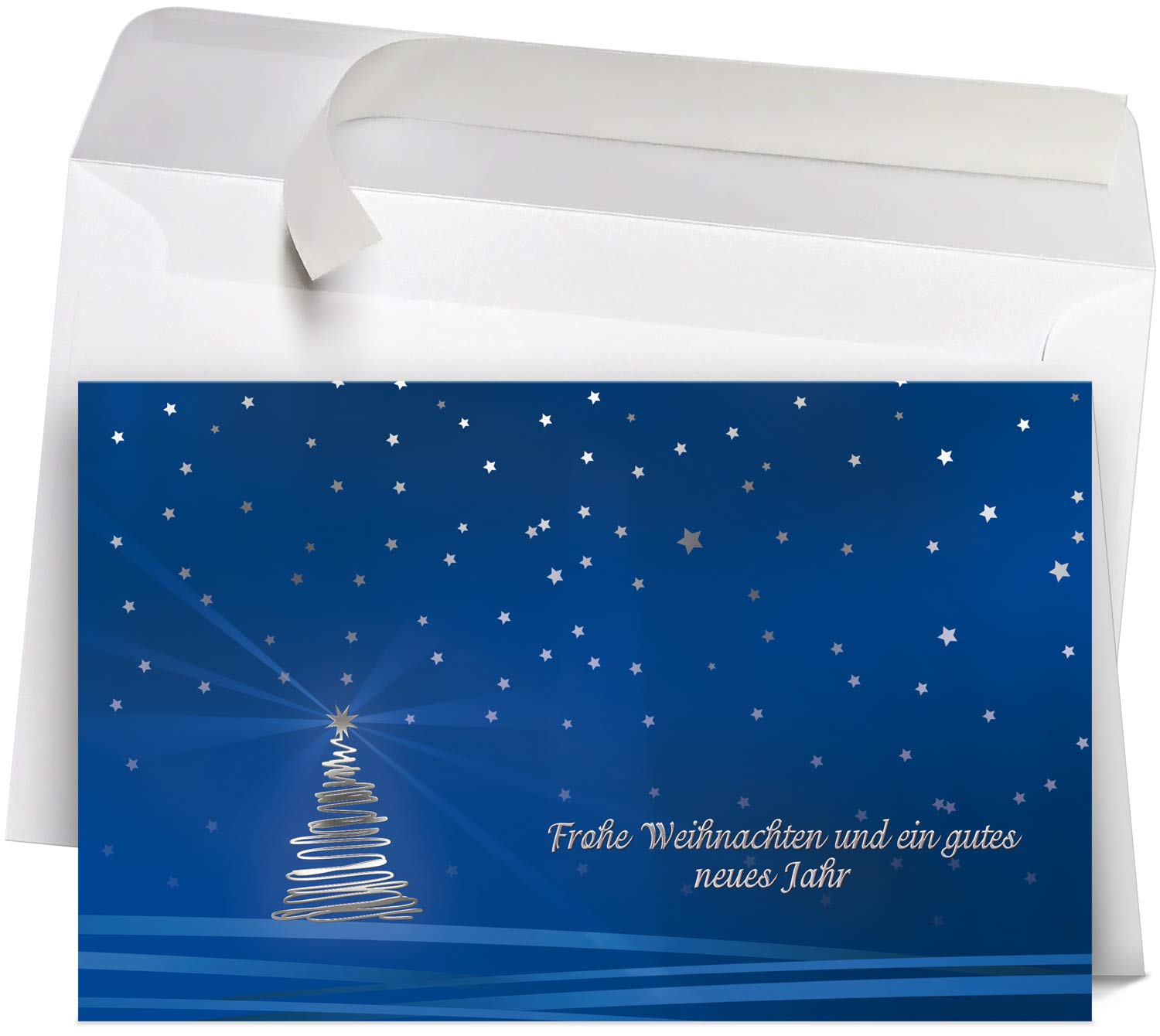 50 Premium Weihnachtskarten mit Umschlag Set für Firmen | hochwertige Klappkarten 19 x 12 cm groß, Sternenhimmel Weihnachtsbaum blau