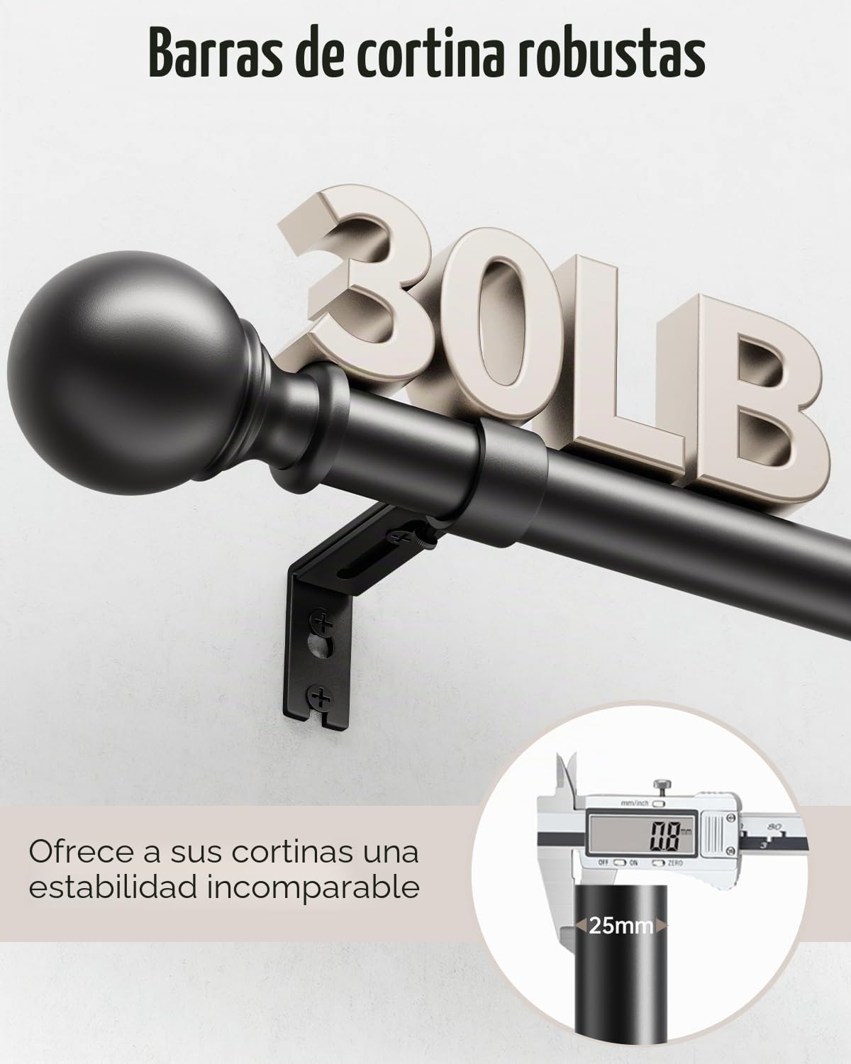 Barra de cortina negra, diámetro de 25 mm, 80-305 cm, barra de cortina de metal con cabezal redondo y 2 soportes para dormitorio, sala de estar, cocina