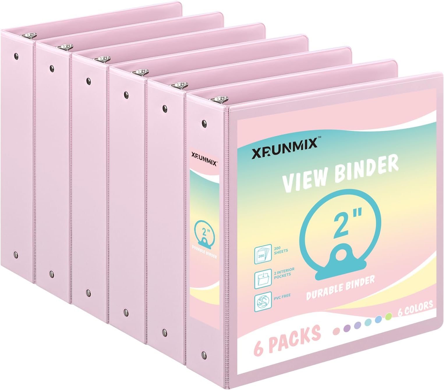 - 2-inch 3-Ring Binder with Pockets, Basic Binders 1''2'' Color Binders, Holds Letter Size 8.5'' x 11'',450 Sheet Capacity, Bundle 6 Pack for Back to School (2'' Pink- 6 Packs)