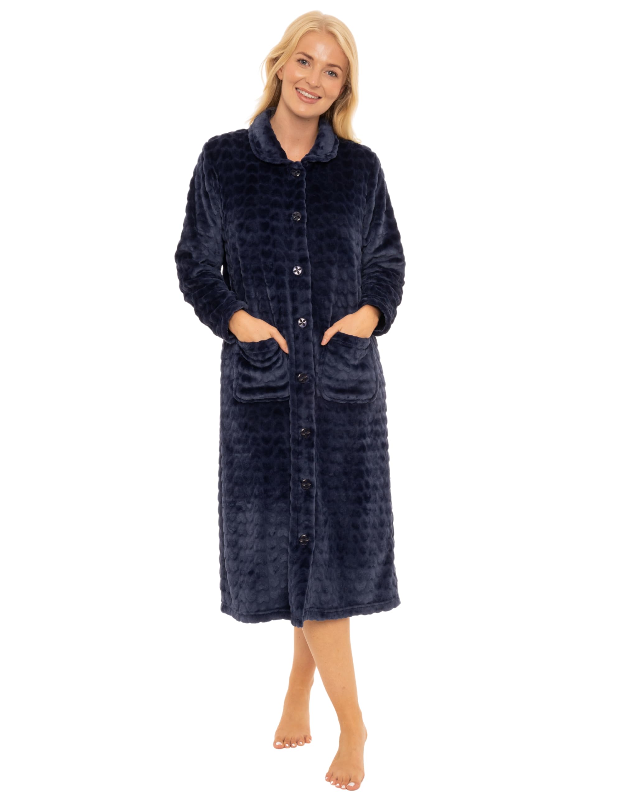 Suzy & Me Ladies Button Through Soft Embossed Fleece Dressing Gown (20-22, NAVY)