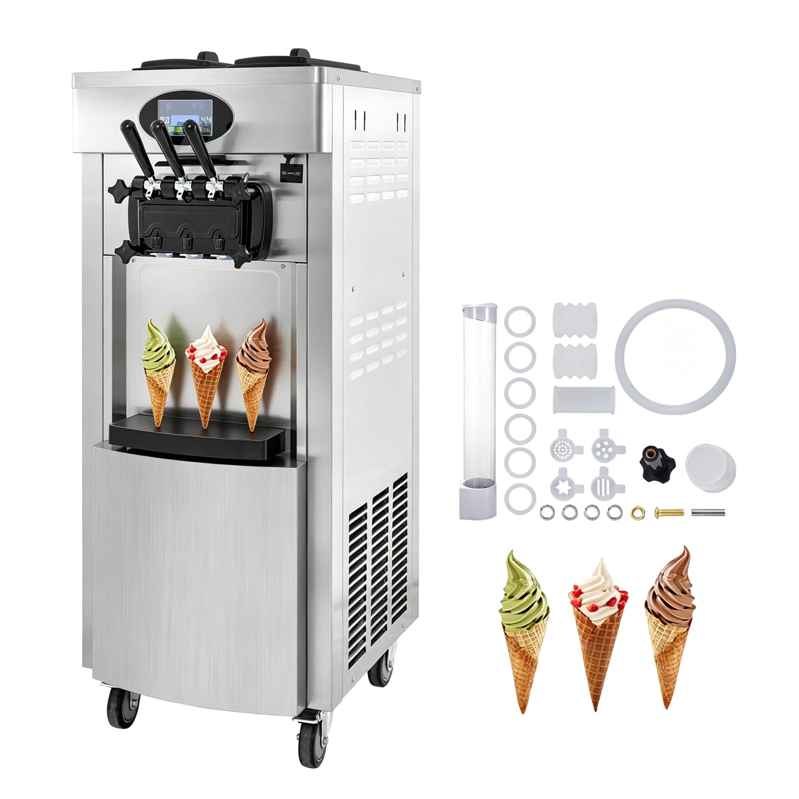 Kommerzielle Eismaschine, 20–28 L/h 2200 W, Kommerzielle Softeismaschine, Gewerbliche Eiscrememaschine mit 3 Aromen & 2 x 6L & LED-Panel, für Restaurant, Café (8228H)