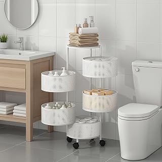 Rotating Storage Organizer: 3/4/5-Tier Metal Mesh Cart with Swivel Wheels. Versatile Kitchen, Bathroom & Office Organizer for Effortless Organization. (White)