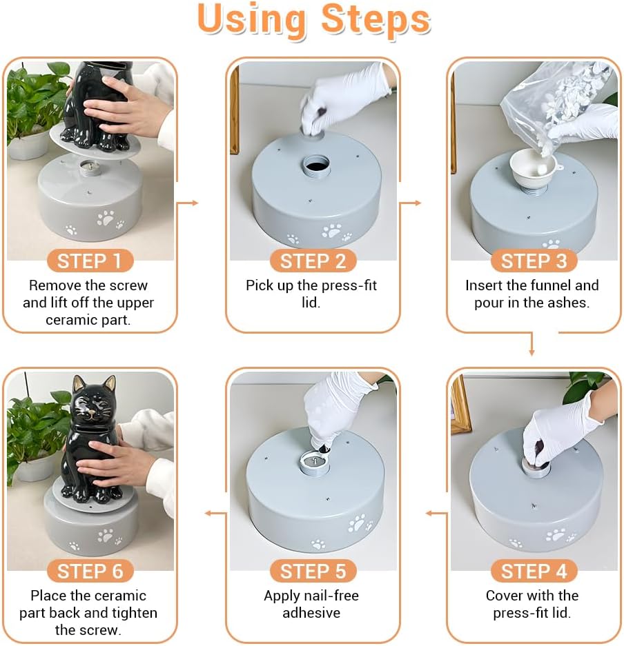 猫用骨壺 遺灰用 セラミックメモリーボックス ステンレススチール製 ポストカード20枚付き 猫を亡くしたペットメモリアルギフト 彫像