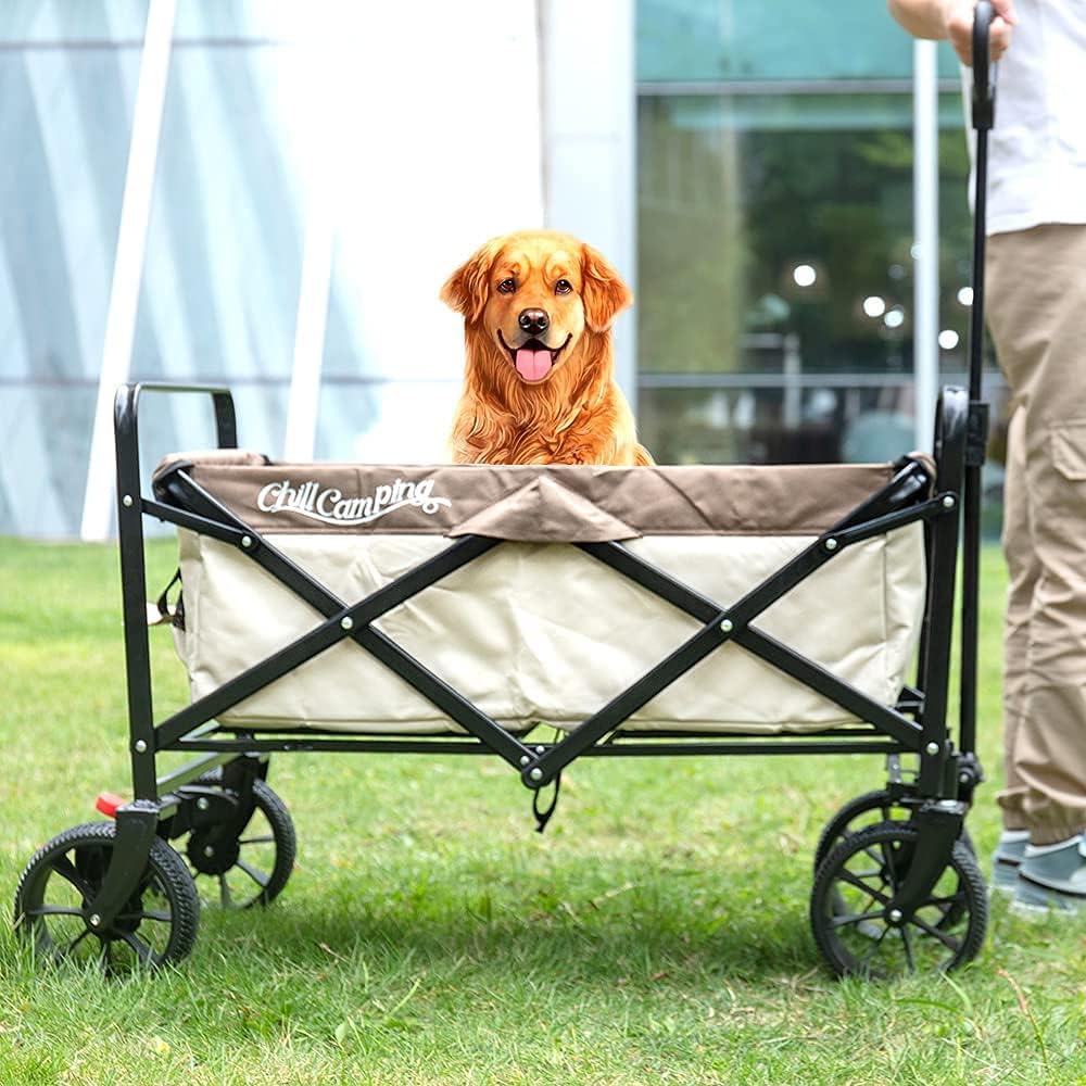 Beach Wagon Cart, Collapsible Folding Wagon with Big Rubber Wheels, Adjustable Handles and Brake, Heavy Duty Utility Wagon All Terrain Outdoor Camping Garden Grocery Wagon, Neutral : Patio, Lawn & Garden