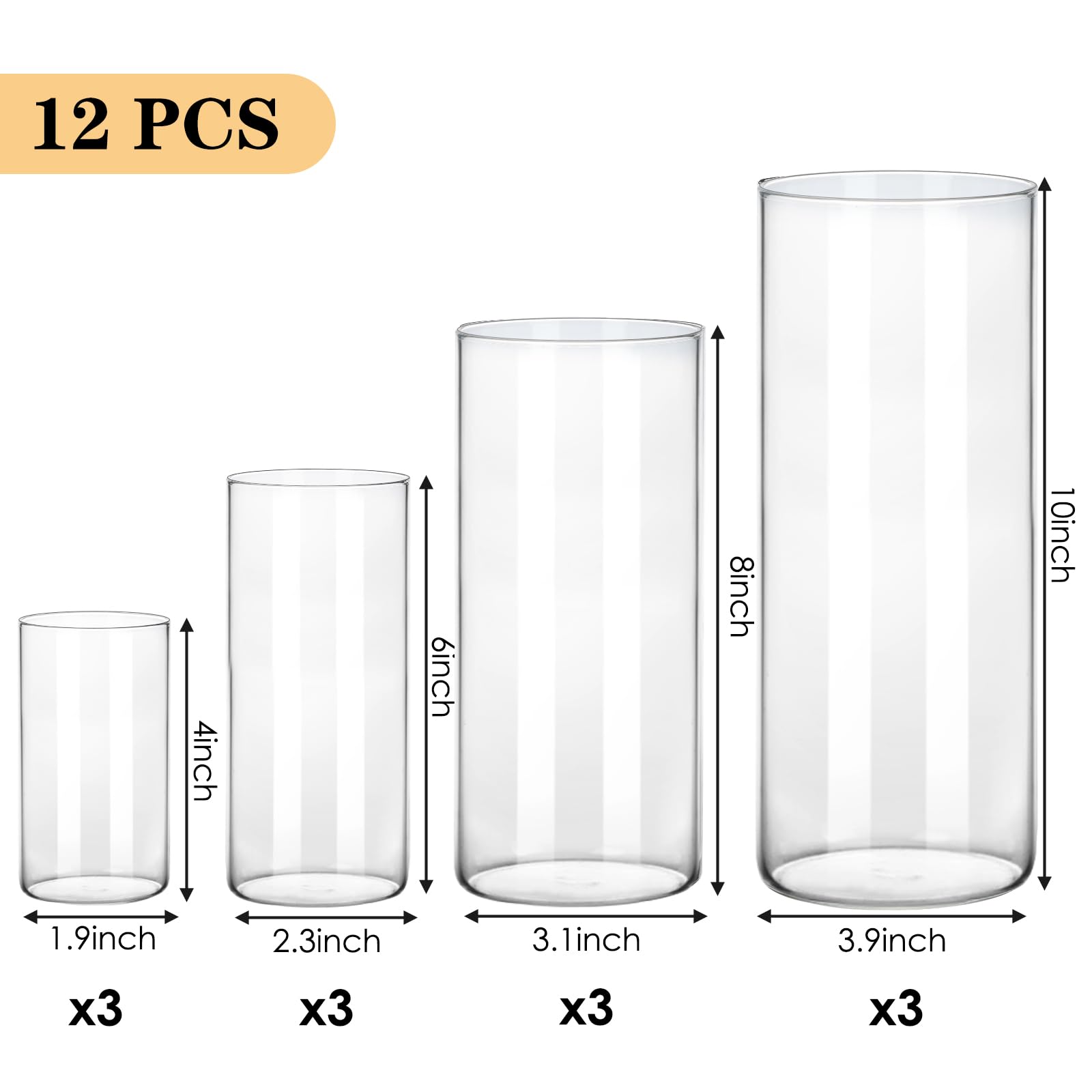 Fixwal 12 jarrones cilíndricos de Vidrio Transparente, jarrones cilíndricos de 4, 6, 8, 10 Pulgadas de Alto para centros de Mesa, jarrón de Flores de Cristal, jarrón Flotante de huracán para Estante