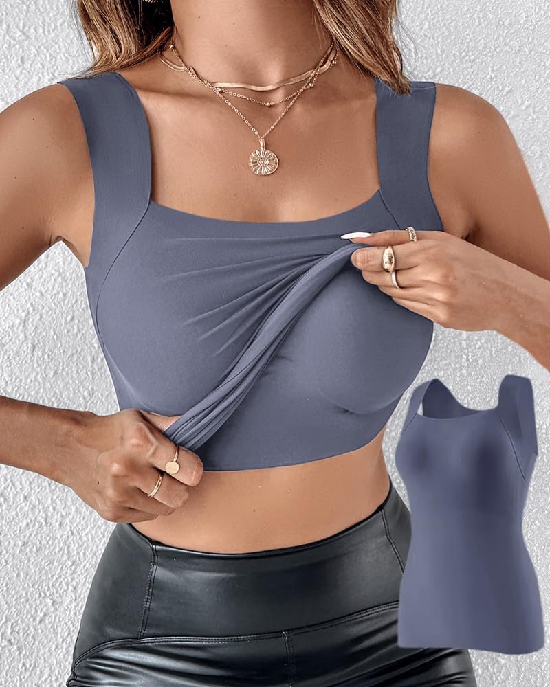 Womens Built in Bra Tank Tops Tummy Control Shapewear U Neck Sleeveless Under Shirts Slim Fit Pilates Camisole Vest Top
