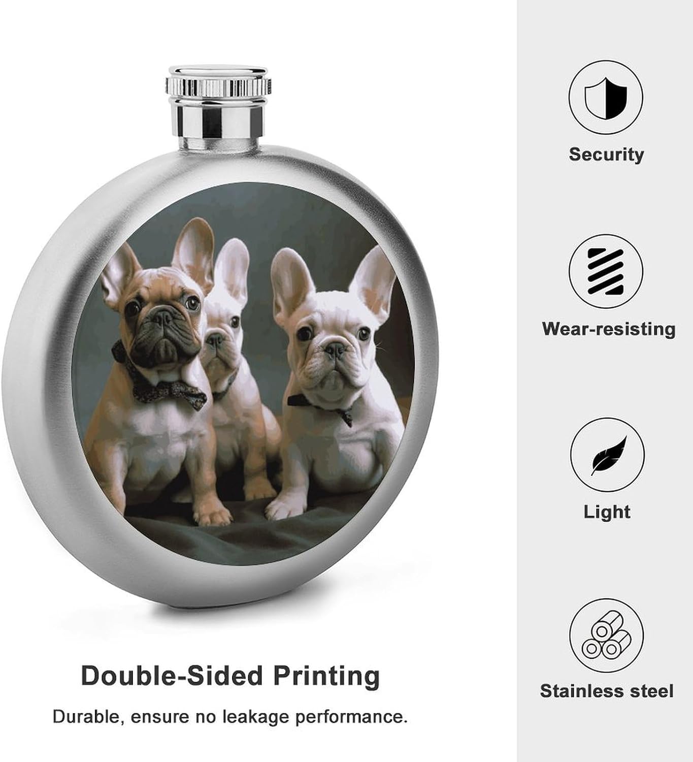 Bulldog Puppies Hip Flask Stainless Steel Round Liquor Flask 5 Oz Portable Pocket Drinking Flasks Bottle Leak Proof Liquid Container Personalized Gift for Wedding Party