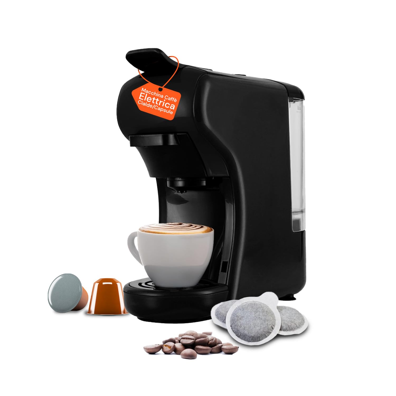 Wintem Macchina Caffè Compatta Grace da 1450W con Arresto Automatico, Selezione Espresso Corto/Lungo, Interruttore ON/OFF e Compatibilità con Capsule e Cialde (Nero)