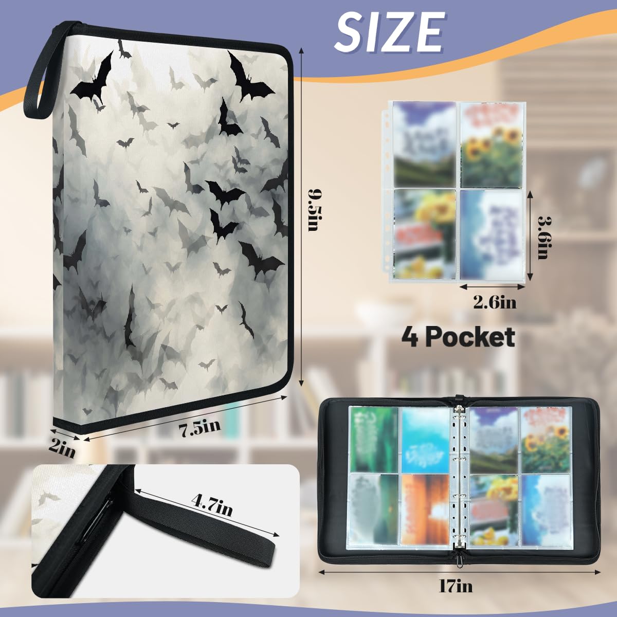 Raccoglitore per carte collezionabili con 4 tasche, motivo pipistrelli di Halloween, con maniche rimovibili, impermeabile, con cerniera, 50 pagine, capacità 400 carte