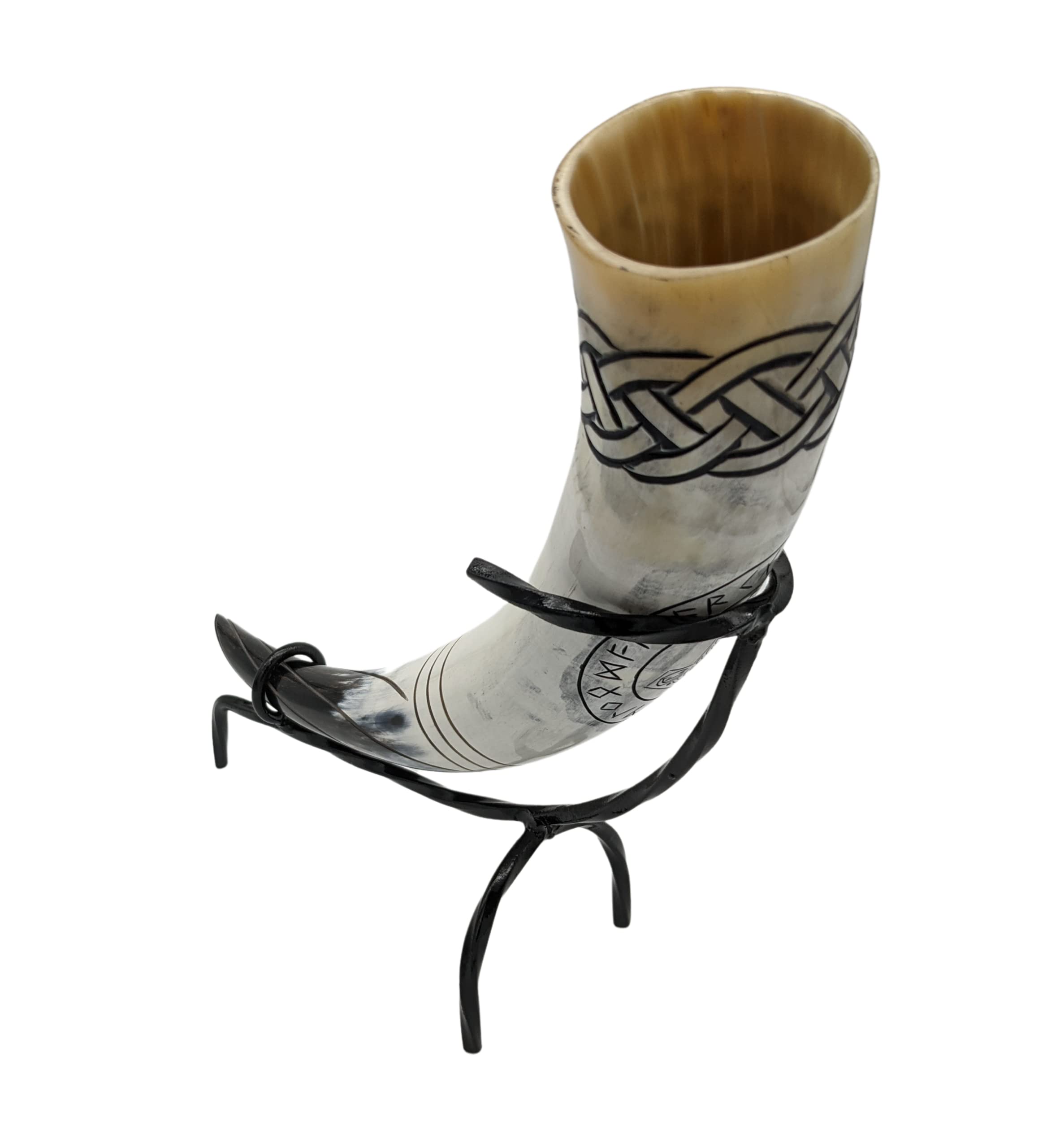 Corne à boire de Thor, 500 ml, Médiévale, Gravures nordiques, Mjölnir et nœuds nordiques, Kit Viking avec support et porte-ceinture en cuir