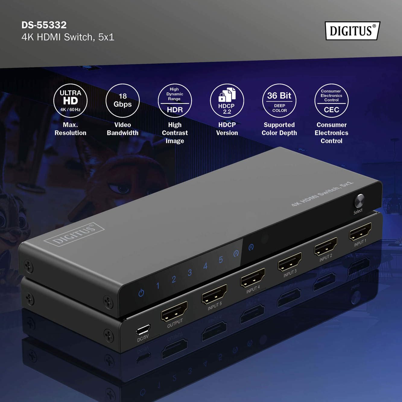 DIGITUS Conmutador HDMI 5x1 – 5 entradas, 1 Salida – UHD 4K/60 Hz – | HDMI 2.0, HDCP 2.2 – HDR, CEC, Deep Color, DTS, Dolby Digital, LPCM – Para televisores, monitores, consolas de videojuegos