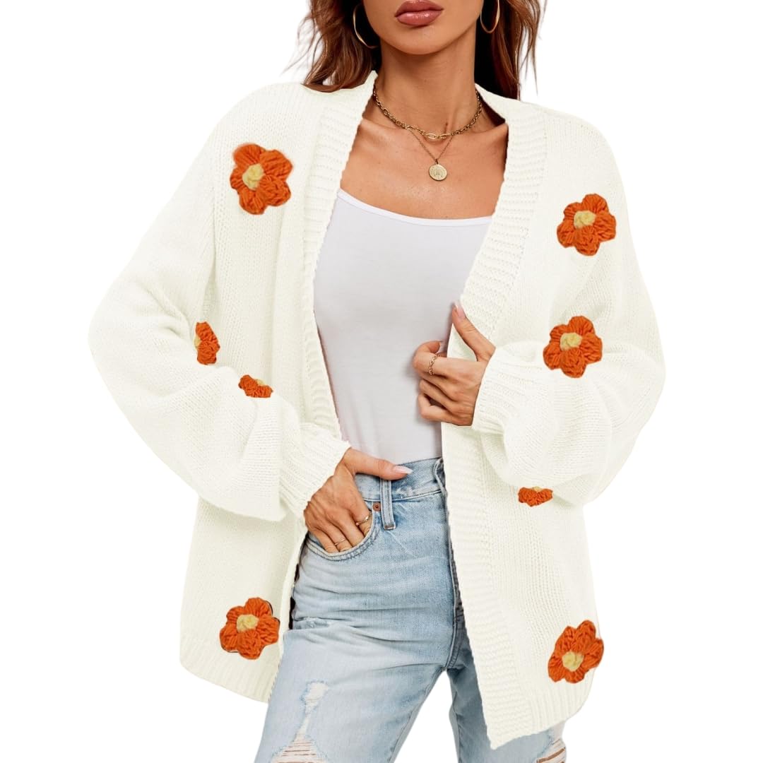 Jersey de Punto Floral de Mujer con Cardigan Abierto Delante, Chaqueta 3D de Flores de Manga Larga con Aplique de Flor, Prenda de Punto Suave, Cálida y Holgada para El Uso Diario de Primav