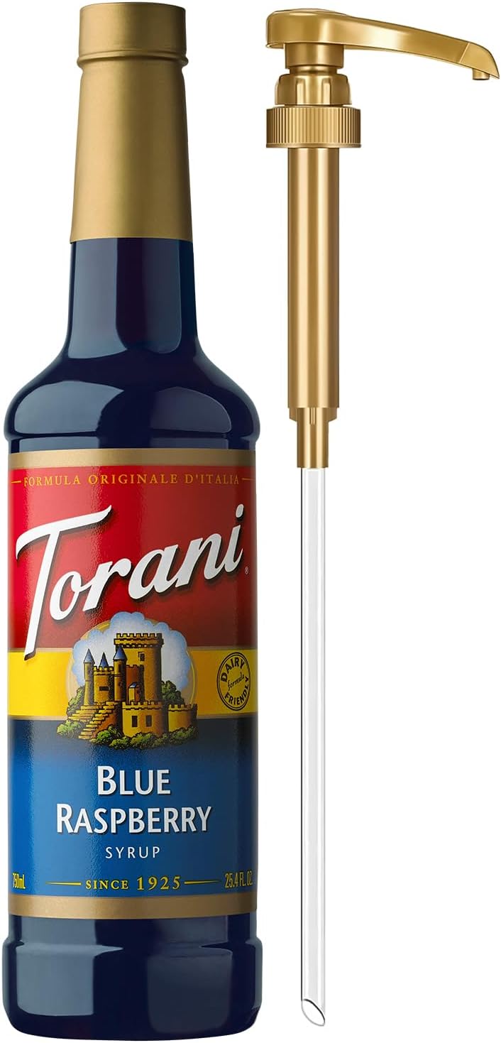 Torani Blue Raspberry Syrup for Drinks, Flavoring for Iced Tea, Lemonade, and Sodas, Pump Included, 25.4 Oz