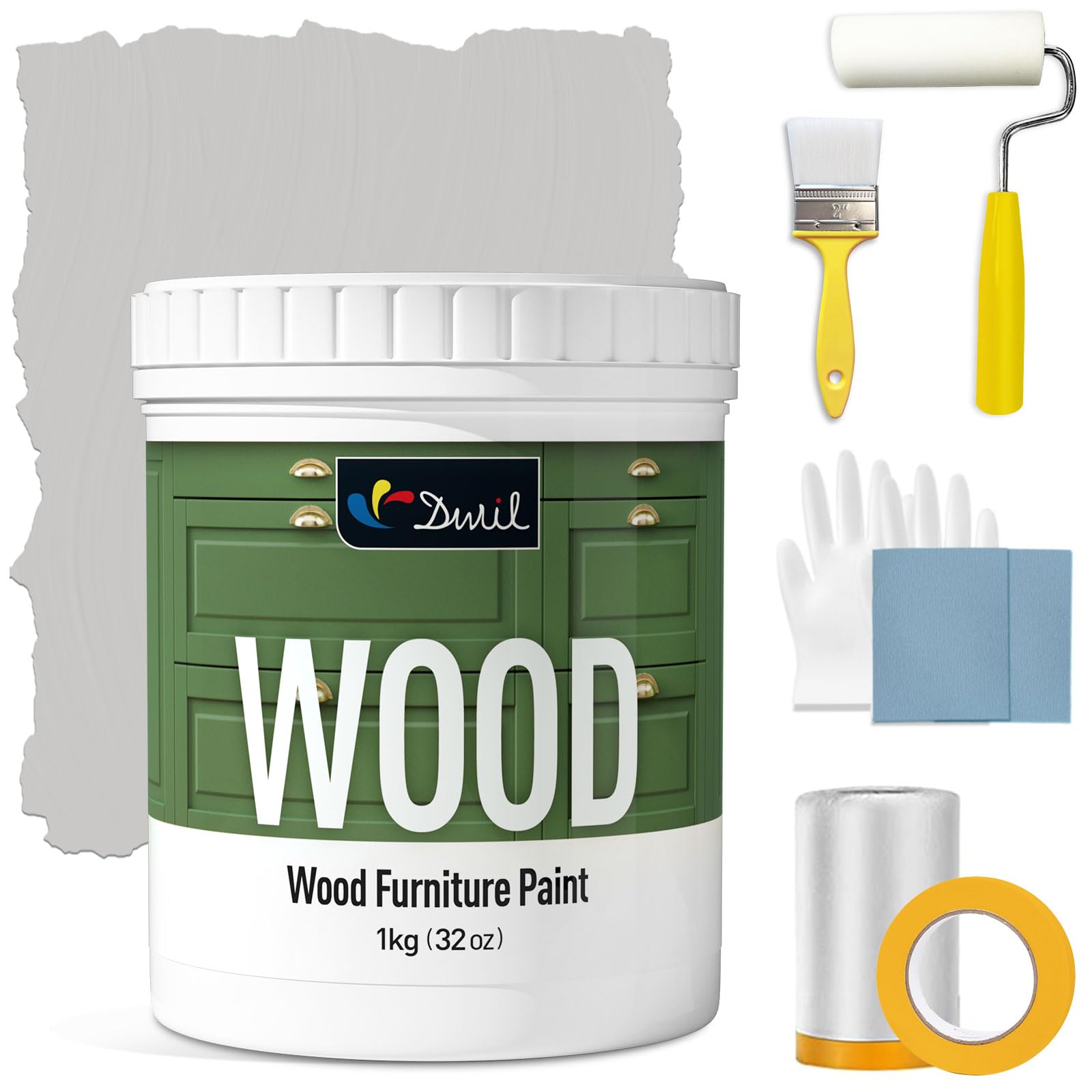 DWIL Pintura de acabado mate para muebles, pintura de madera de 32 onzas para armarios, puertas, mesas y aparadores, a base de agua, no tóxica e inodora, fácil de aplicar (gris claro), con