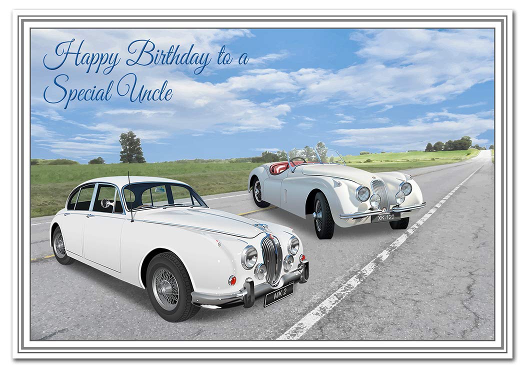 Uncle Birthday Card - Classic Car Vintage Collage - Cool Vector Art - Special Unique Unusual - Happy Adult Teenage Greeting Wishes - Blank inside - Made in UK