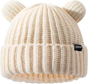 Adult Knit Beanie Hat, Winter Bear Ears Hat Warm Knitted Fleece Lined Woollen Ski Pompom Hat