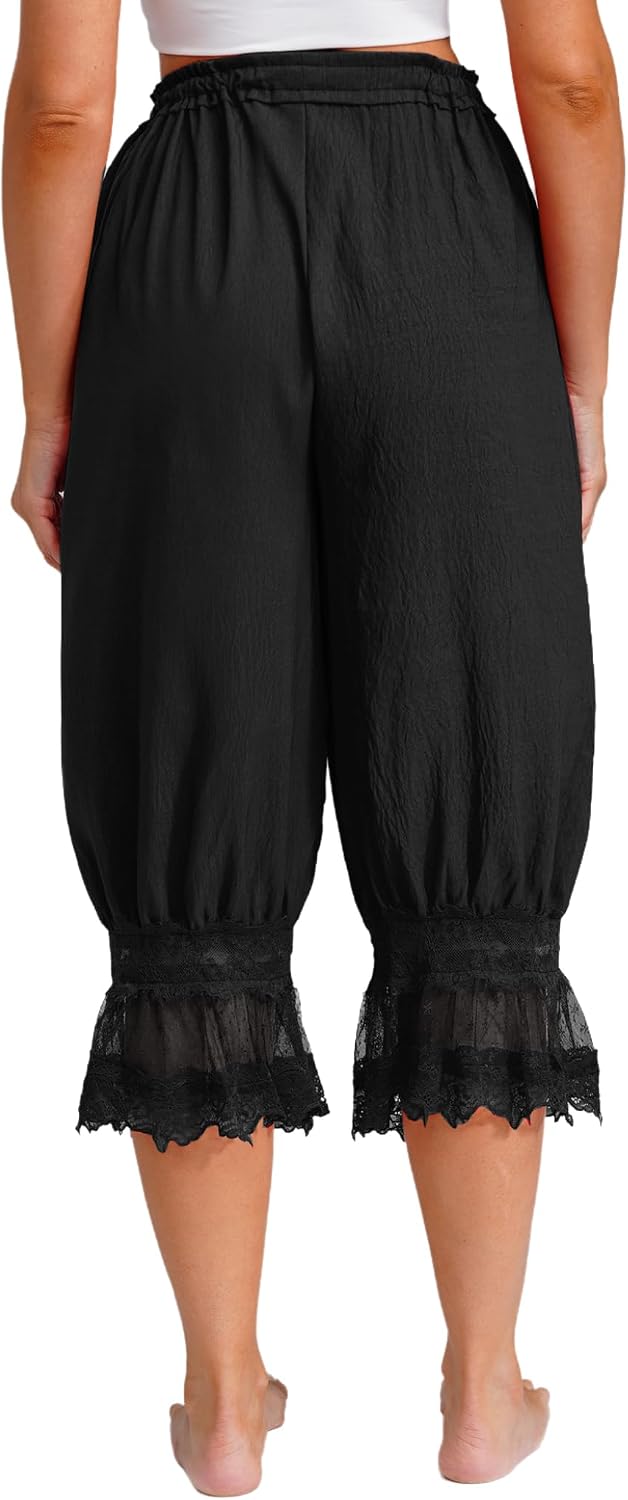 Jelory Womens Lace Trim Long Bloomers Elastic Waist Drawstring Loose Harem Pants For Summer Daily Wear