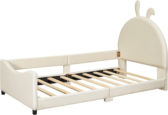 Stylish Twin Size Upholstered Daybed with Rabbit Ear Shaped Headboard,for Kids Toddlers Boys Girls Bedroom Use (Beige@Rabbit Ear, Twin)