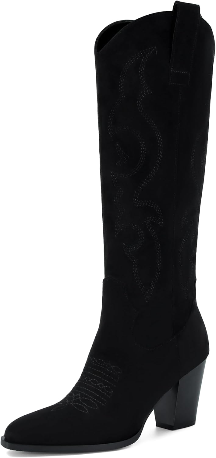 STALOV Cowboy Boots for Women Suede Embroidered Chunky Heel Knee High Pointed Toe Pull On Western Fashion Cowgirl Boot - Image 4