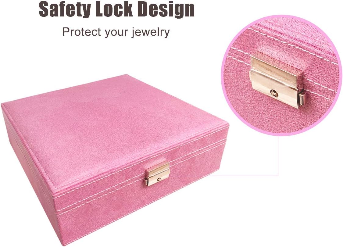 Ationgle 2-Layer Jewelry Organizer Box with Lock - 44 Compartments Suede Jewelry Box for Women for Girls for Ring Necklace Earring Ear Stud Bracelet Brooch, Pink