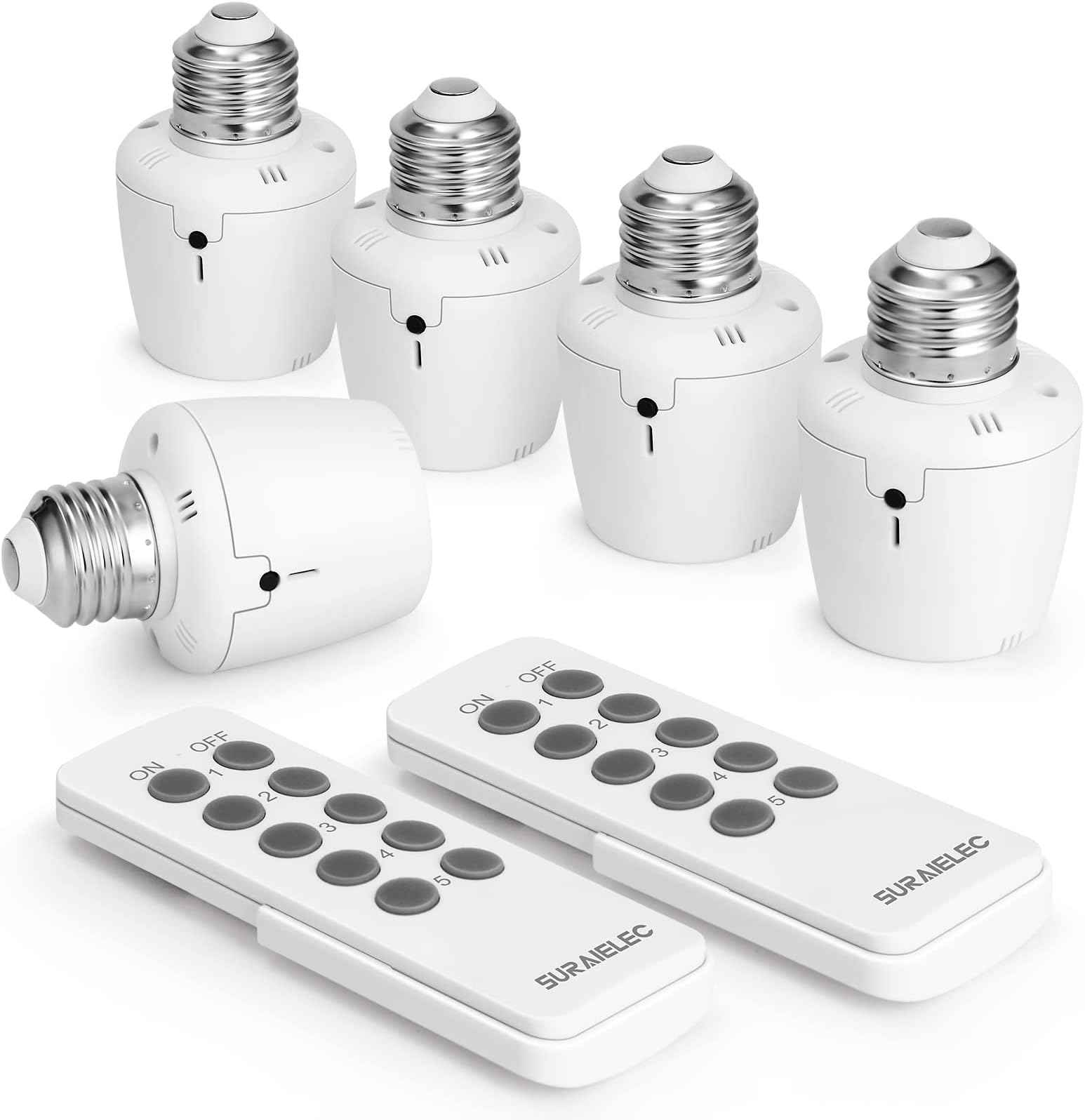 SURAIELEC Remote Control Light Socket, E26 E27 Bulb Base, 100FT Range, Wall Mountable Wireless Light Switch for Lamps, Pull Chain Light Fixture, Pull String (5 Sockets 2 Remotes, Shorter Version)