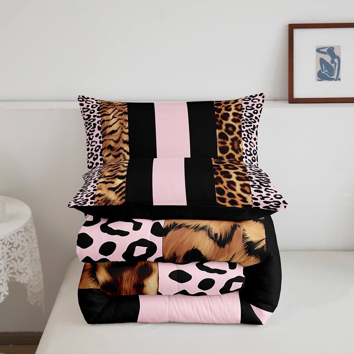 Feelyou Leopard Fur Print Comforter Set for Kids Boys Girls Cheetah Comforter Twin Size Animals Pink Black Bedding Set Bedroom Decor Safari Duvet Set Zebra Quilt Set 2Pcs