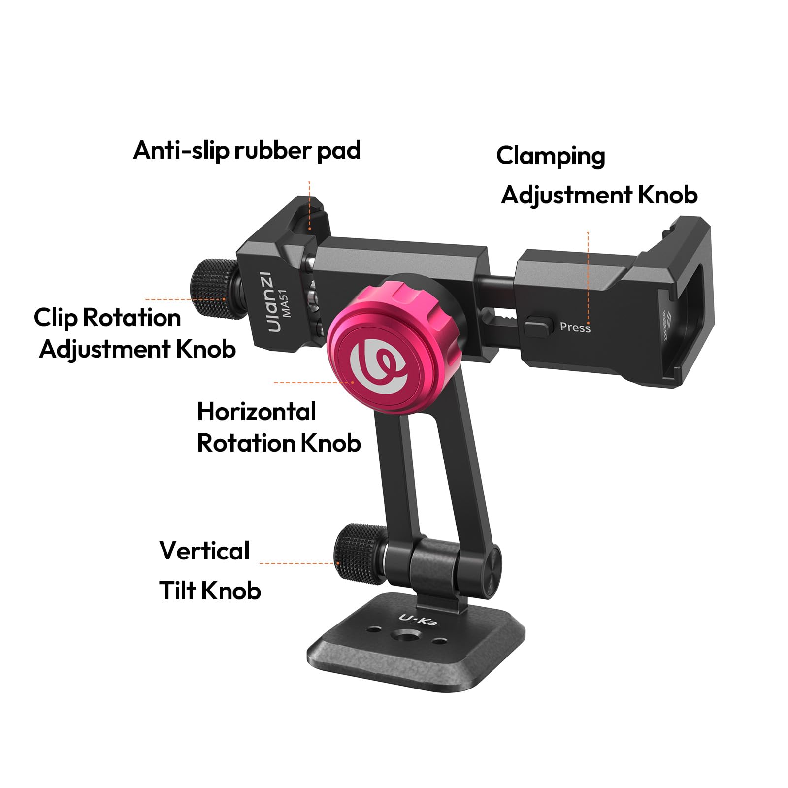 ULANZI MA51 Metal Phone Tripod Mount, Phone Clamp with Arca UKA Base, Cold Shoe, Arri Locating Holes, 360° Swivel 180° Tilt, Cell Phone Holder Compatible with iPhone 17 16 15 14 Samsung Cell Phone