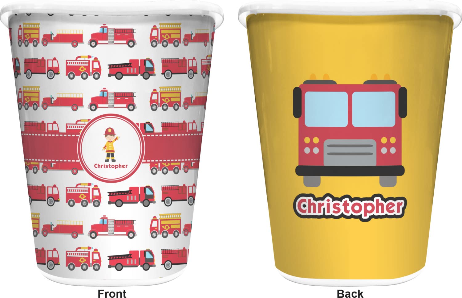 RNK Shops Personalized Firetrucks Waste Basket - Double Sided (White)