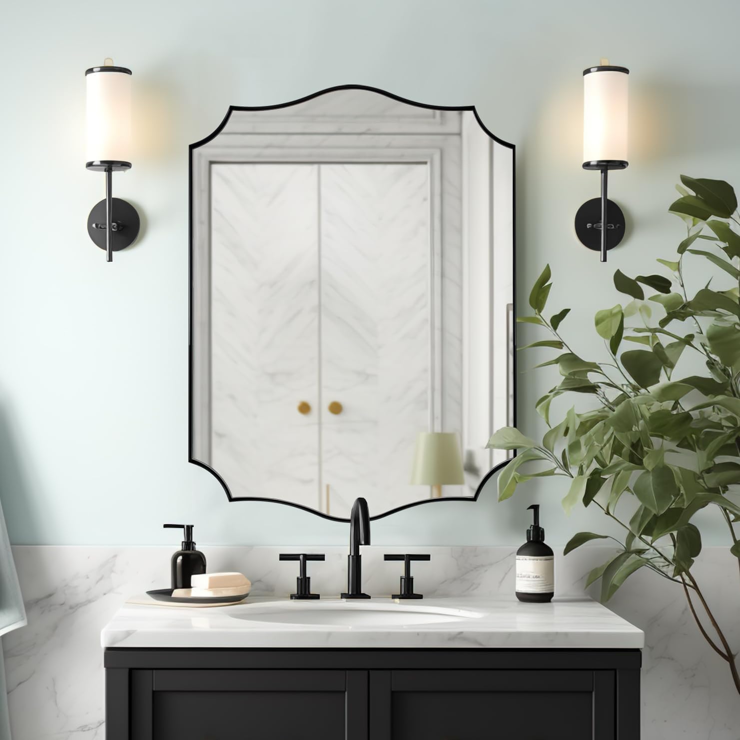 ANDY STAR Black Bathroom Mirror, 24x32 Inch Wavy Mirror for Bathroom, Modern Matte Black Metal Framed Mirror, Anti-Rust (Horizontal/Vertical) Matte Black 32"L x 24"W