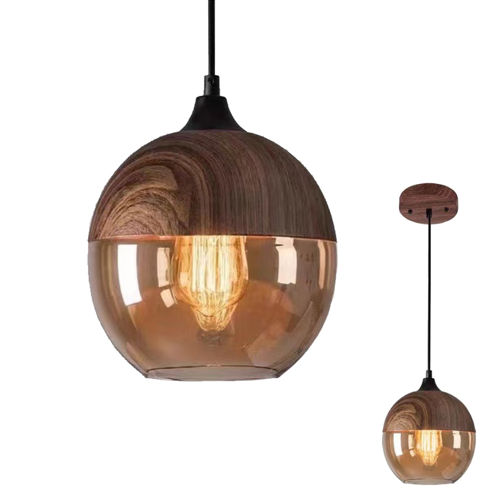 Lámpara colgante moderna, lámpara colgante de vidrio industrial retro, lámpara colgante con acabado de madera y metal, lámpara colgante para isla de cocina, lámpara de techo con pantalla de vidrio ámb