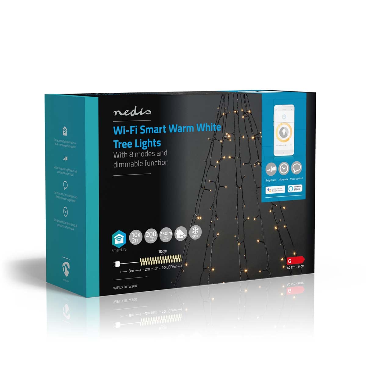 Nedis SmartLife Dekoracyjna lampa LED, drzewo, ciepła biel, 200 diod LED, do użytku na zewnątrz, motyw ruchu, 10 x 2 m, Android/IOS
