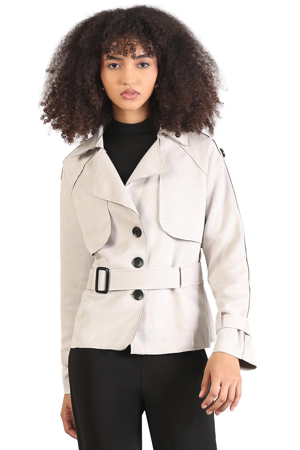 Edition Women's Solid Grey Lapel Collar Tailored Jacket with Fabric Belt and WristBelt-CHN-6603_Grey-image-4