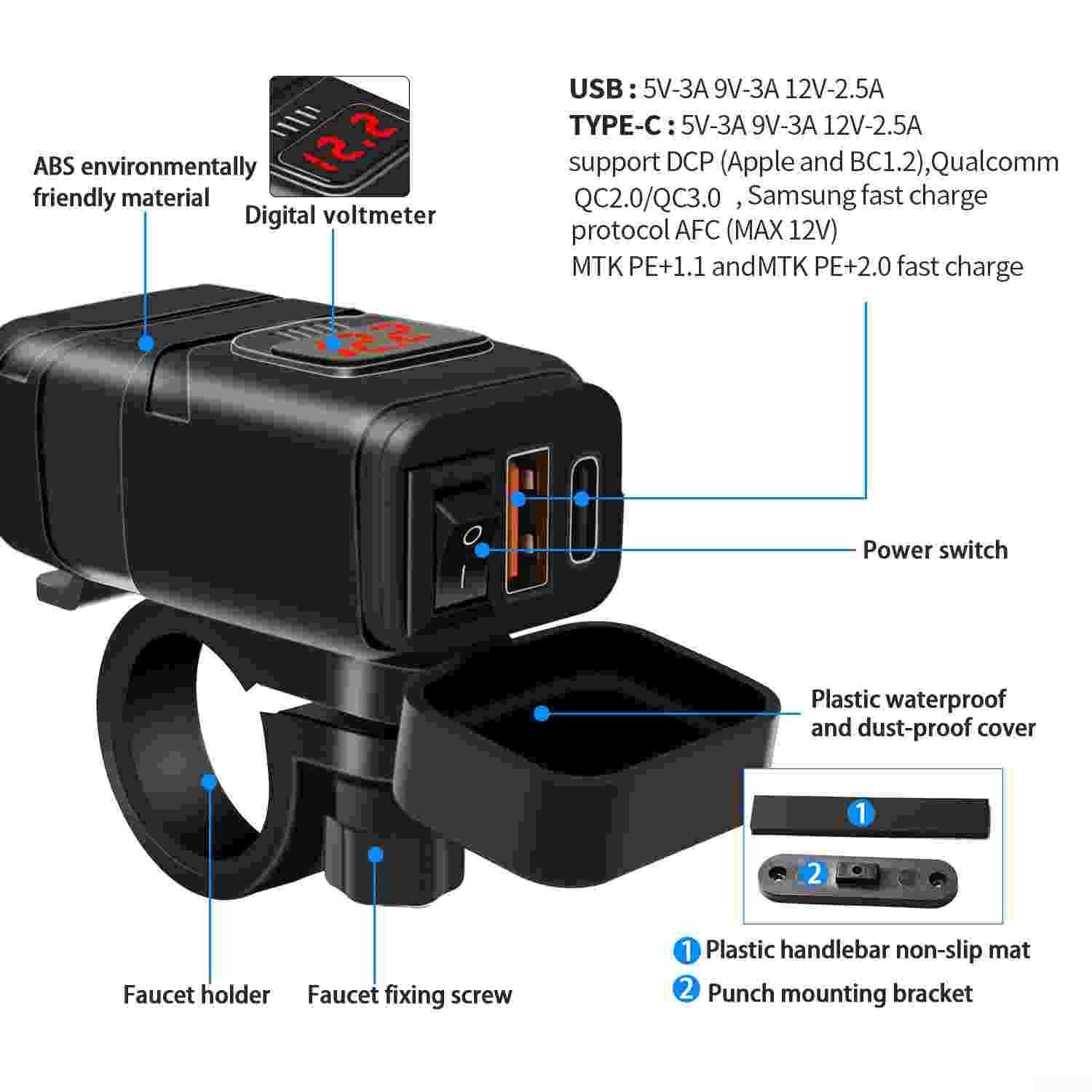 Ładowarka motocyklowa USB wodoodporna IP66 z szybkim ładowaniem PD3.0 do qc3.0 Gniazdo kierownicy 12 V-24 V do smartfona GPS (niebieski)
