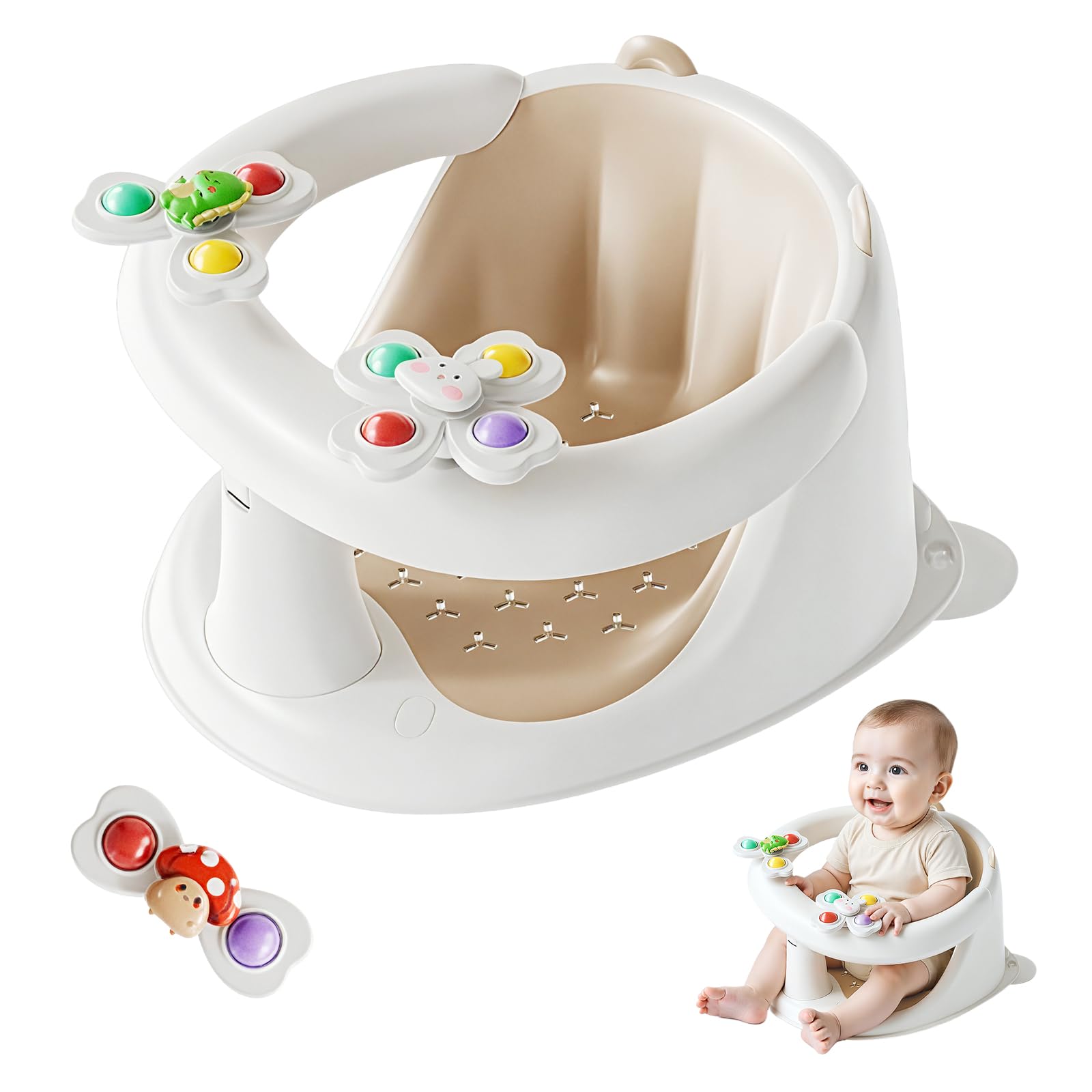 FOVVZDIL Baby Bath Seat 6 Months Plus with Toys Safe Infant Baby Bath Chair with Anti-Slip Suction Cups Design for Newborns to 12 Months