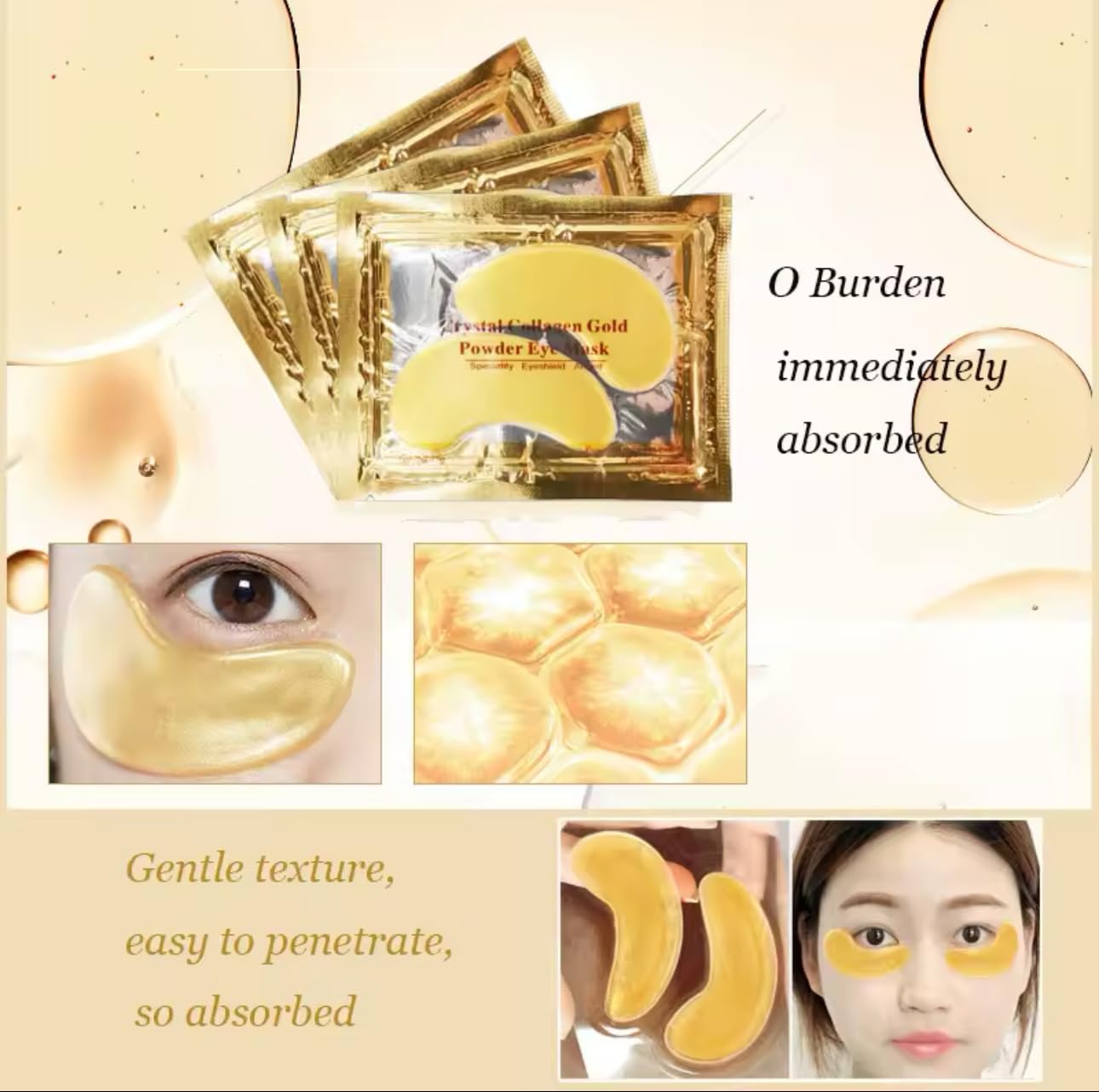 Crystal Collagen Gold Under Eye Mask Patches, Anti-Aging Treatment, 24K Gold Powder Formula (5 pair)