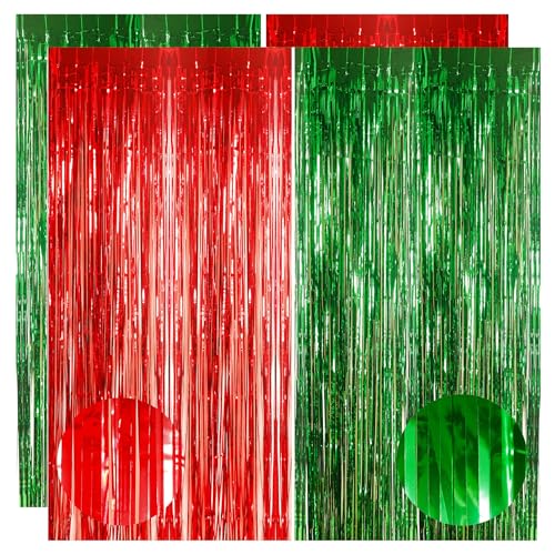 4pcs 3.2 x 8.3ft Glitter Xmas Red and Green Tinsel Curtain Christmas Foil Curtain Door Streamers Fringe Curtains Backdrop Xmas Party Decorations Backdrop Banner for Indoor Home School Office