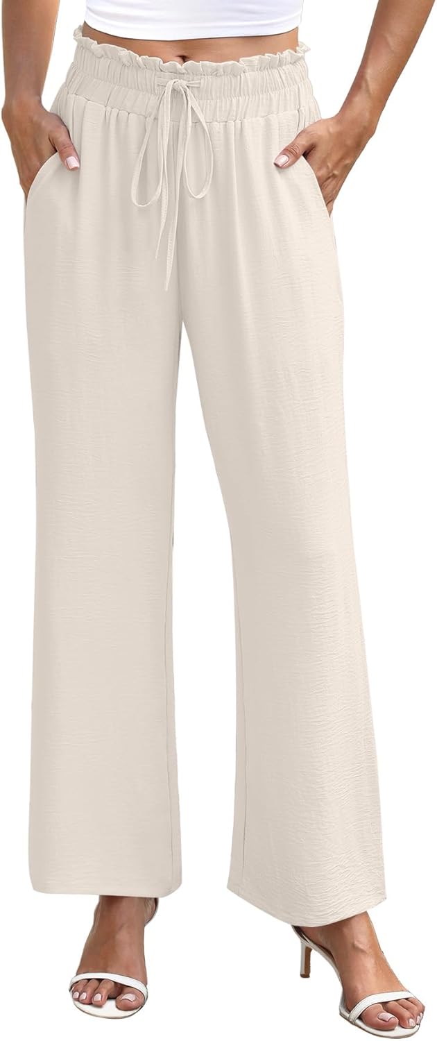 NILOUFO Women's High Waist Wide Leg Pants Elastic Drawstring Casual Loose Flowy Trousers with Pockets