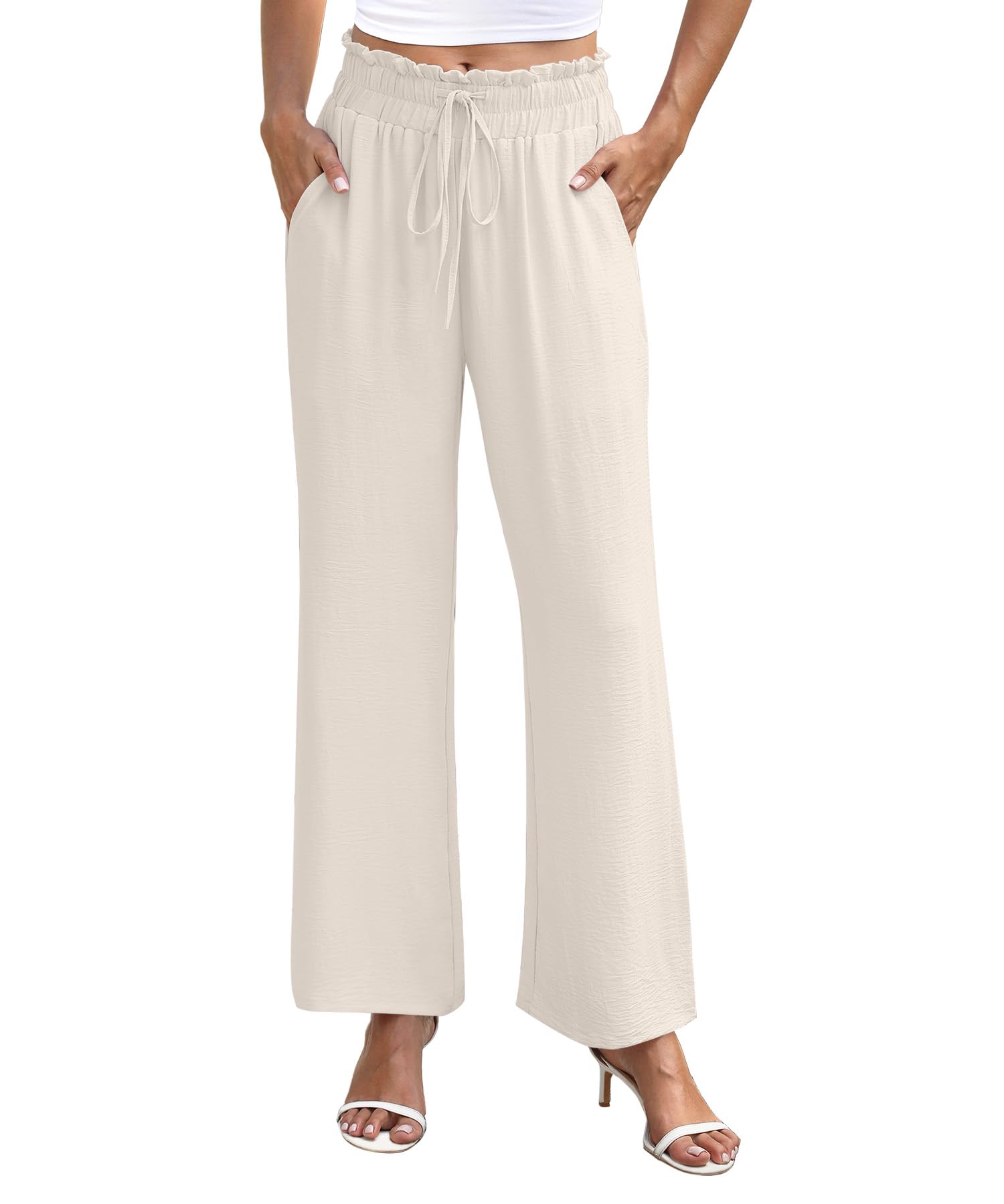 NILOUFO Women's High Waist Wide Leg Pants Elastic Drawstring Casual Loose Flowy Trousers with Pockets