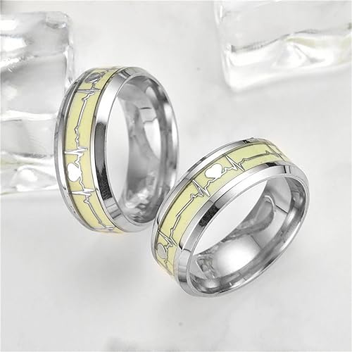 Miniatura 6 de XIAOMEIO Anillo de latido de corazón brillante, anillo de acero inoxidable con latidos oscuros y luminosos, joyería para hombres y mujeres, plata