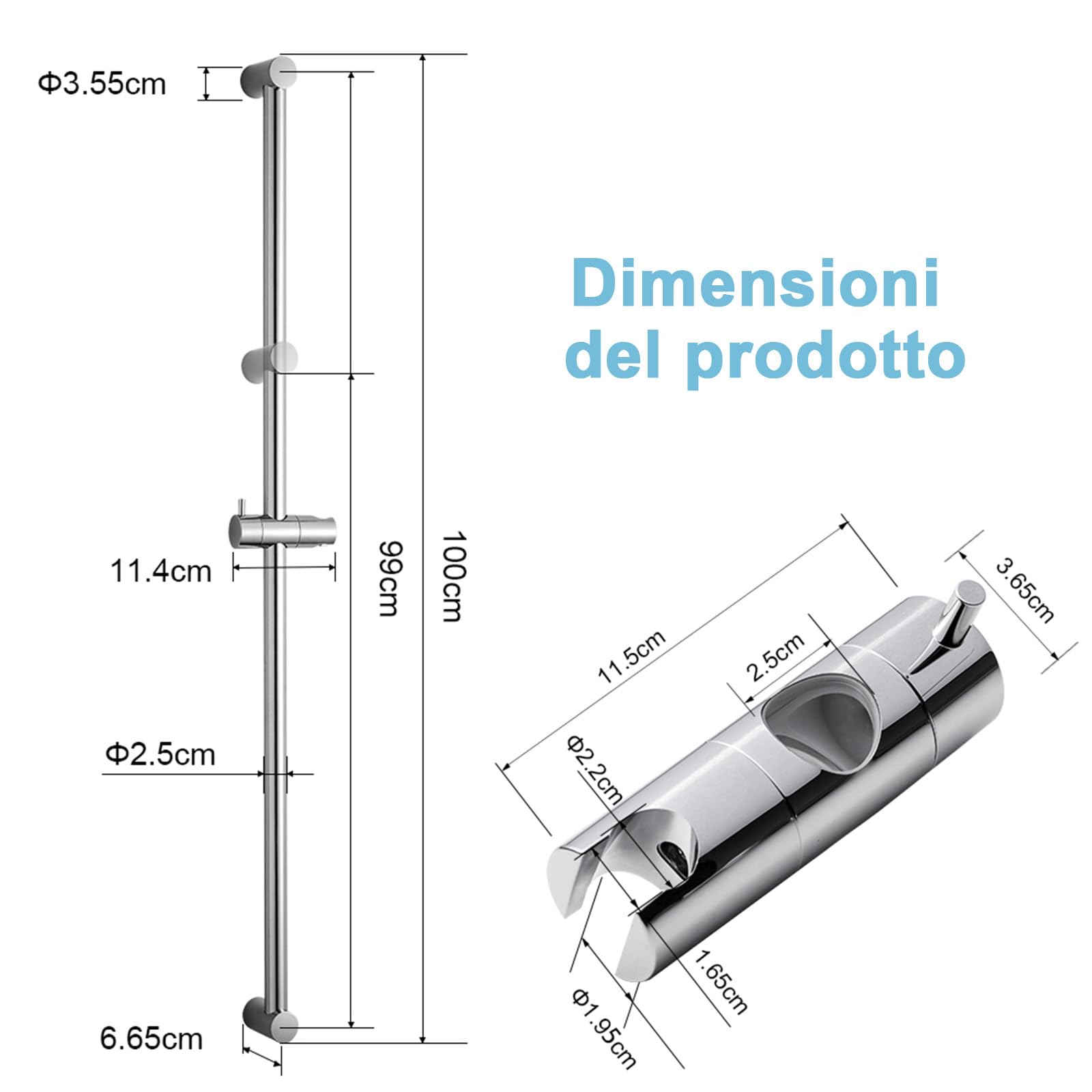 OFFO Prysznic 100 cm, drążek ścienny ze stali nierdzewnej, regulowana odległość 60-100 cm, z regulowanym uchwytem prysznicowym 360°, wymienny drążek prysznicowy, chrom