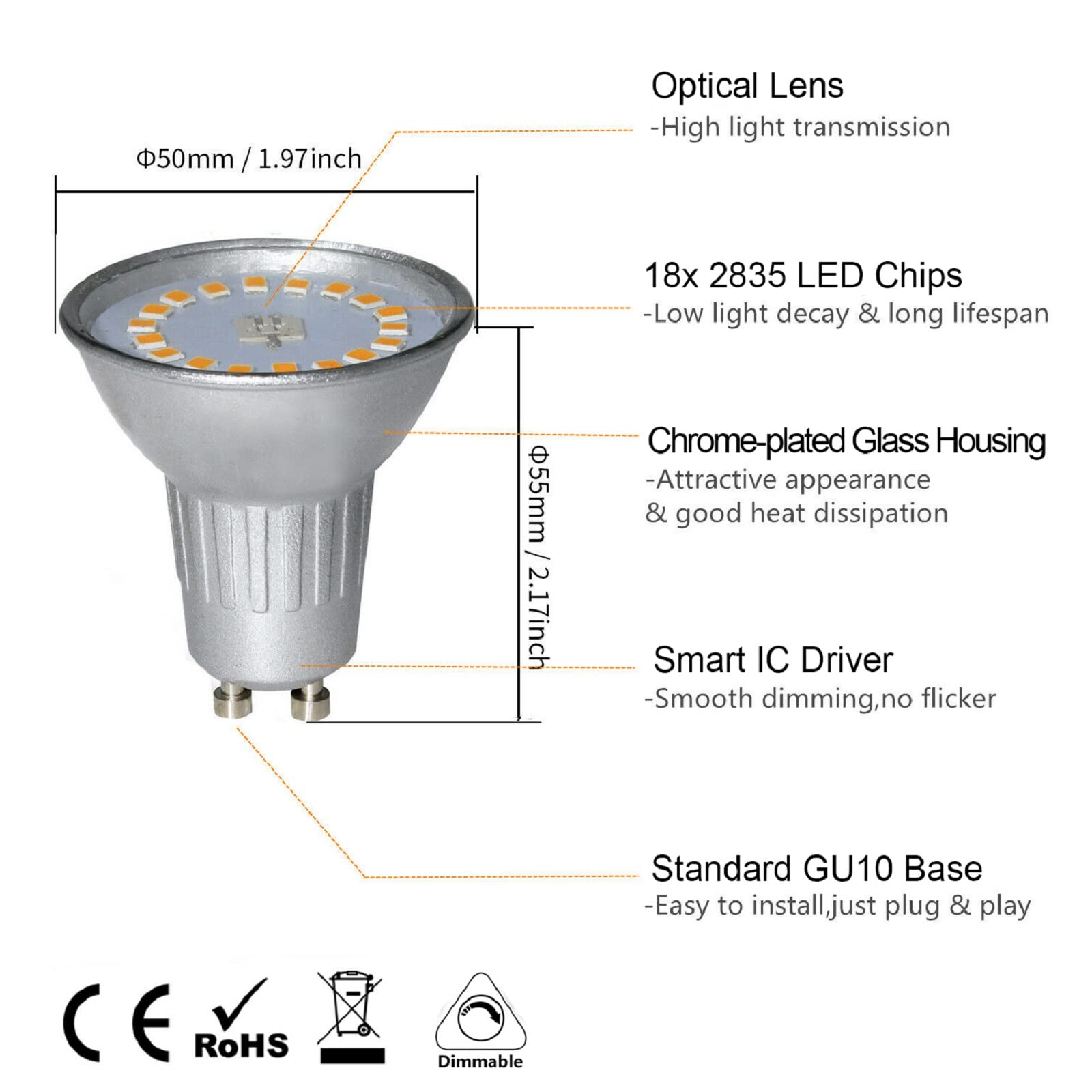 Allesgute 6X LED Einbaustrahler, Recessed, 5W, GU10, Warmweiß, 9 cm x 7-8 cm x 9 cm, Silber, Indoor, Modern, Abnehmbar, Dimmbar 0% - 100%
