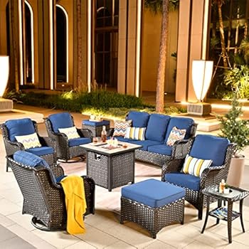 Alternative view of XIZZI Patio Furniture Sets 9 Pieces Outdoor Furniture All Weather Wicker Patio Conversation Sofa with 360 Degrees Swivel Rocking Chairs and Gas Propane Fire Pit Table,Brown Wicker Navy Blue